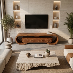 Wooden TV Stand With Carved Ocean Wave For Luxury Home
