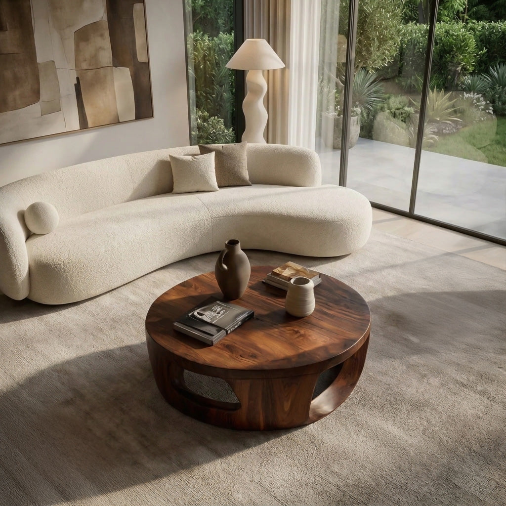 Contemporary Round Coffee Table With Open Cut Base For Living