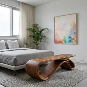 Curved Natural Wood Bench For Contemporary Living Room Decor