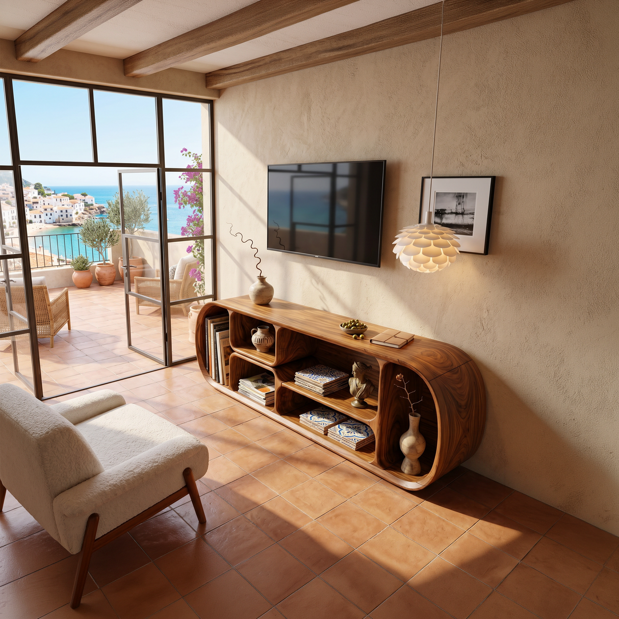 Minimalist Curved TV Console For Studio Apartment Interior