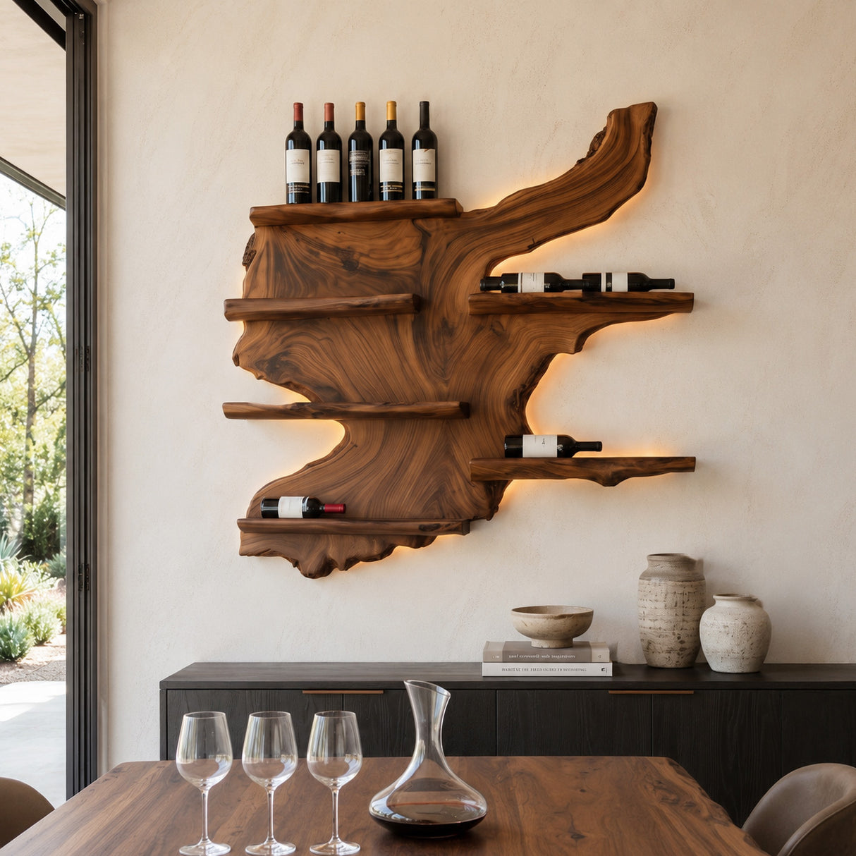 Rustic Live Edge Wine Rack Shelf With LED For Bar