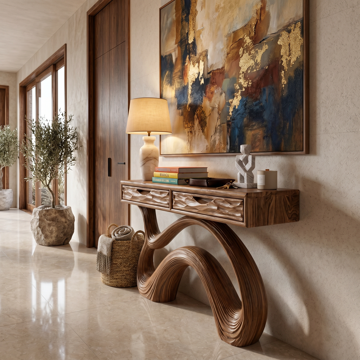 Wooden Console Table With Carved Curved Base For Contemporary Entryway