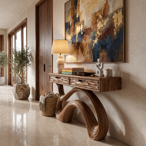 Wooden Console Table With Carved Curved Base For Contemporary Entryway