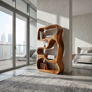 Minimalist Wooden Bookshelf Featuring Curved Side Panels