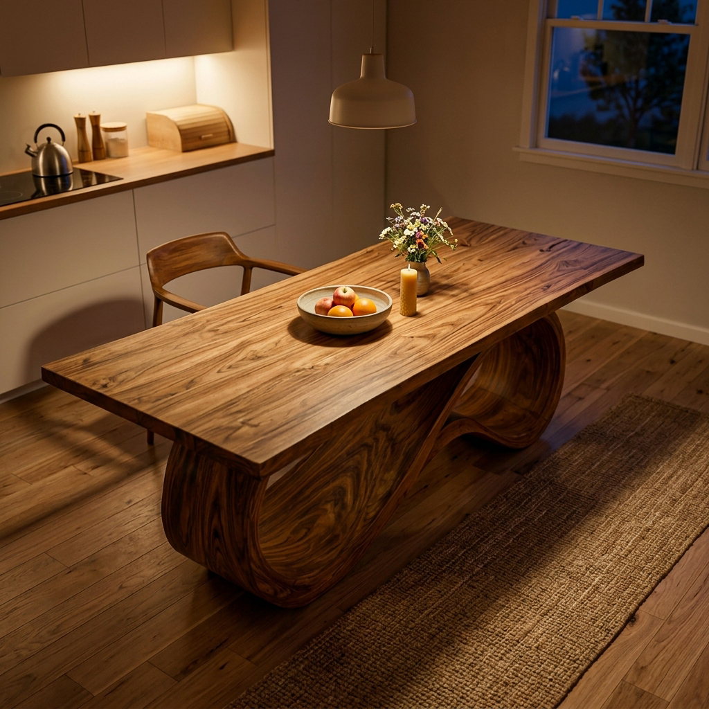 Wooden Dining Table With Flowing Base For Kitchen