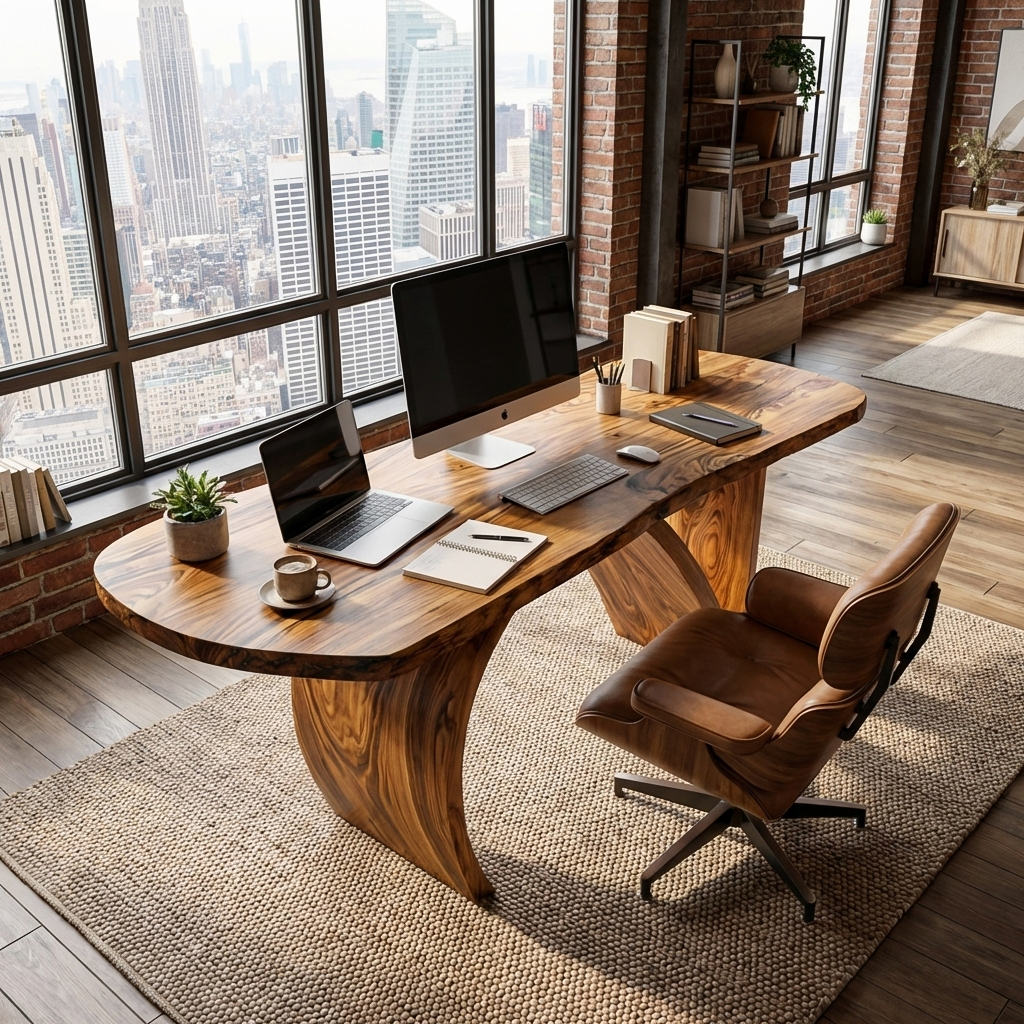 Contemporary Wooden Desk With Artistic Base For Home Workspace