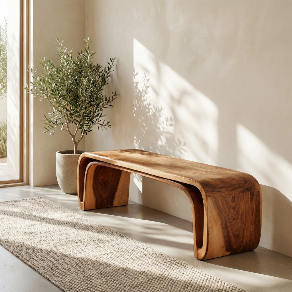 Organic Wood Bench With Unique Curved For Hallway