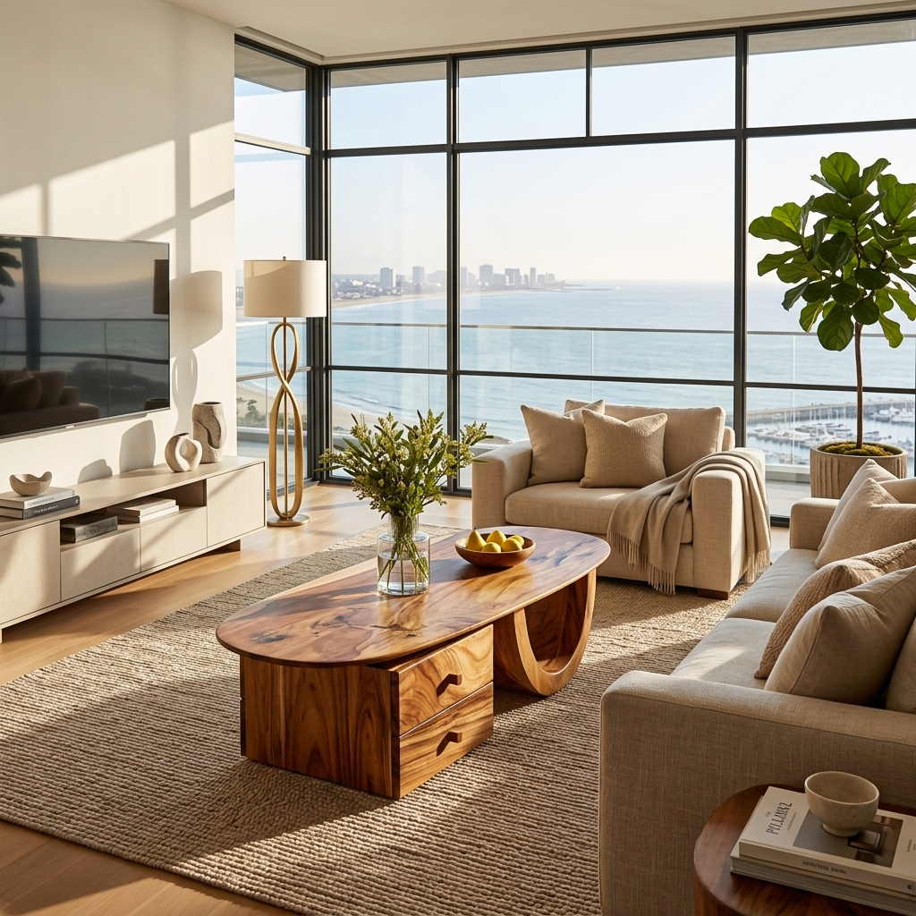 Modern Wood Oval Coffee Table With Drawer For Living Room
