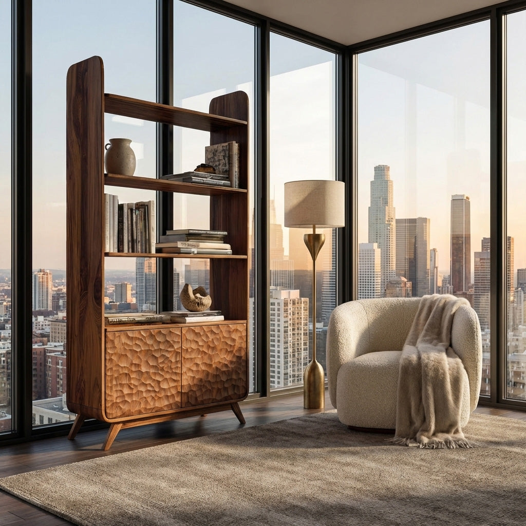 Luxury Solid Wood Bookshelf With Sculpted Door Panels