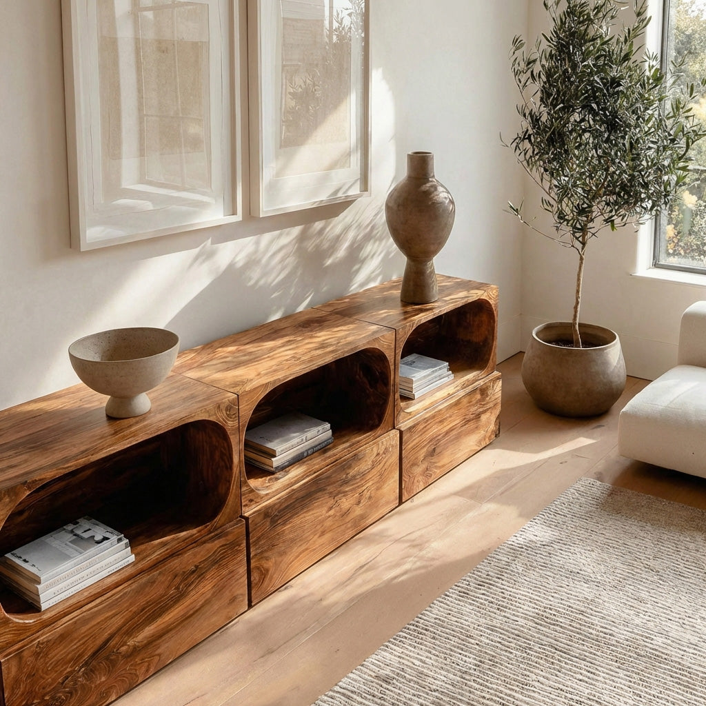 Minimal Wooden Sideboard With Rounded Edge Shelf For Living