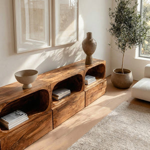 Minimal Wooden Sideboard With Rounded Edge Shelf For Living