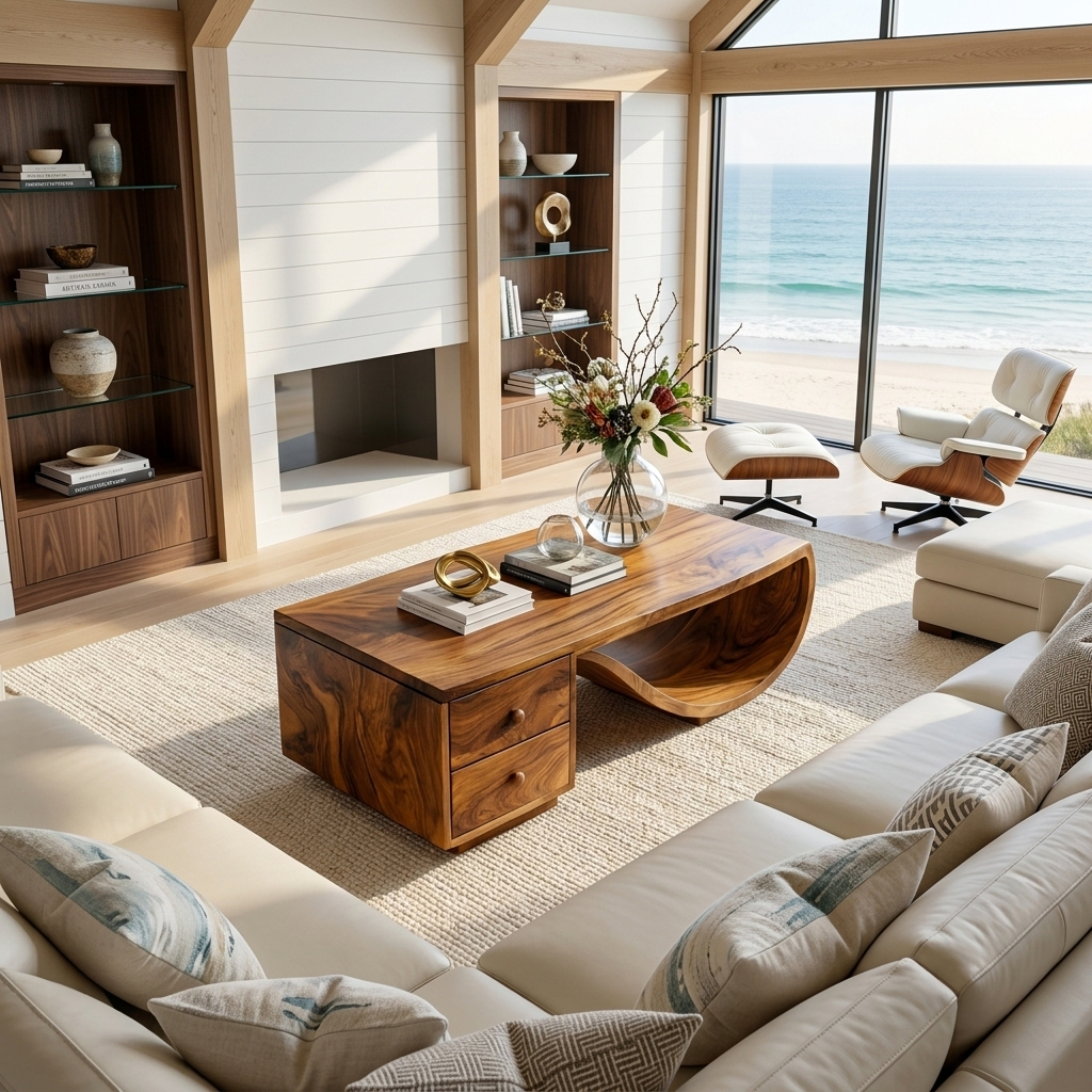 Wood Coffee Table With Unique Curved Base And Drawer For Home