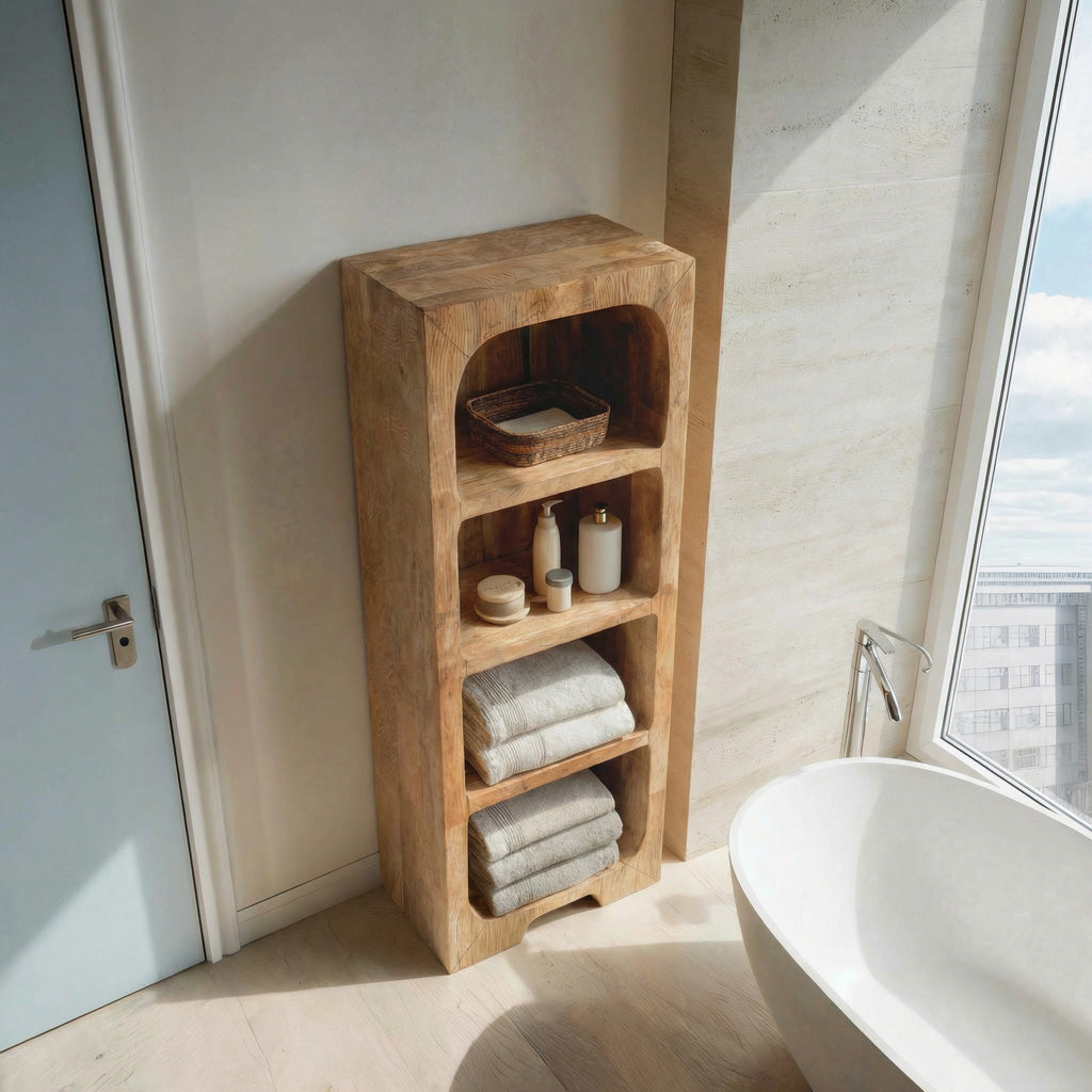 Minimalist Wooden Bathroom Cabinet With Four Tiers For Interior Decor