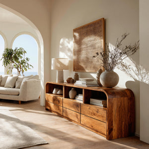 Modern Natural Wood Sideboard With Open Shelf For Home