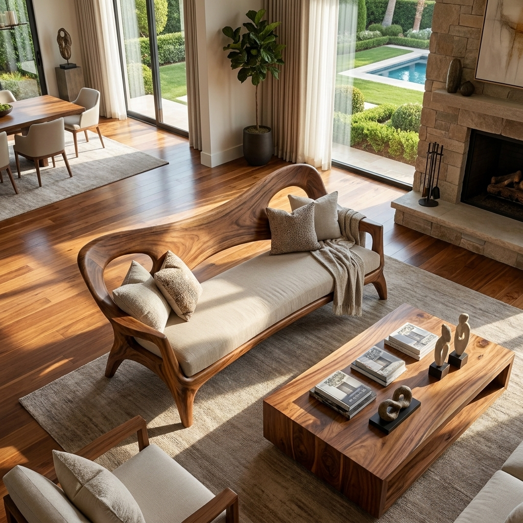Wooden Sofa With Curved Sculptural Backrest For Living Room