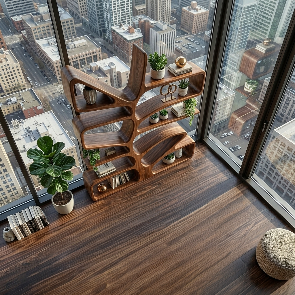 Organic Wooden Bookcase With Sculptural Form For Living Space