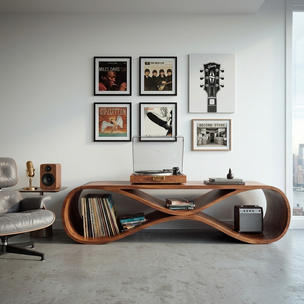 Contemporary Wooden Record Cabinet Curved Design For Living Room
