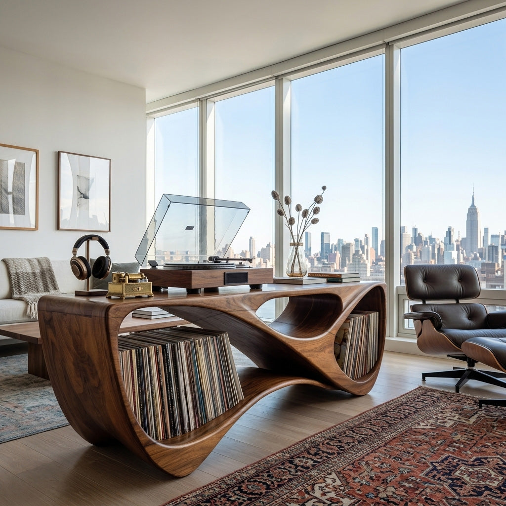 Contemporary Rounded Vinyl Record Console For Living Room
