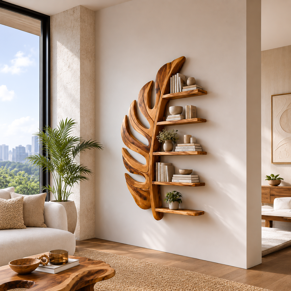 Artistic Wooden Leaf Statement Wall Bookshelf For Elegant Interiors