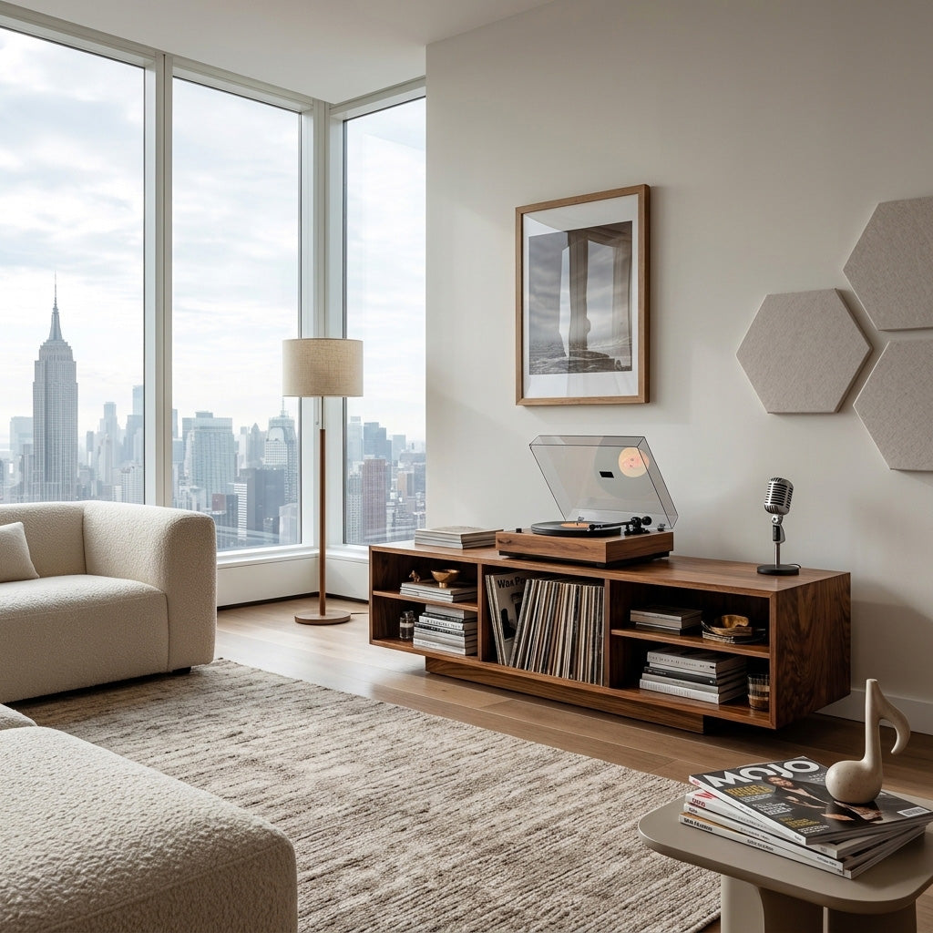 Contemporary Record Player Cabinet With Open Shelves For Living Room