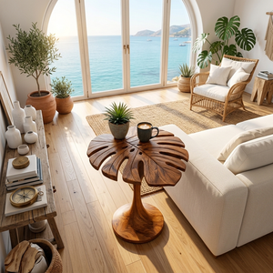 Handmade Wooden Side Table Leaf Shape Top For Sofa Side