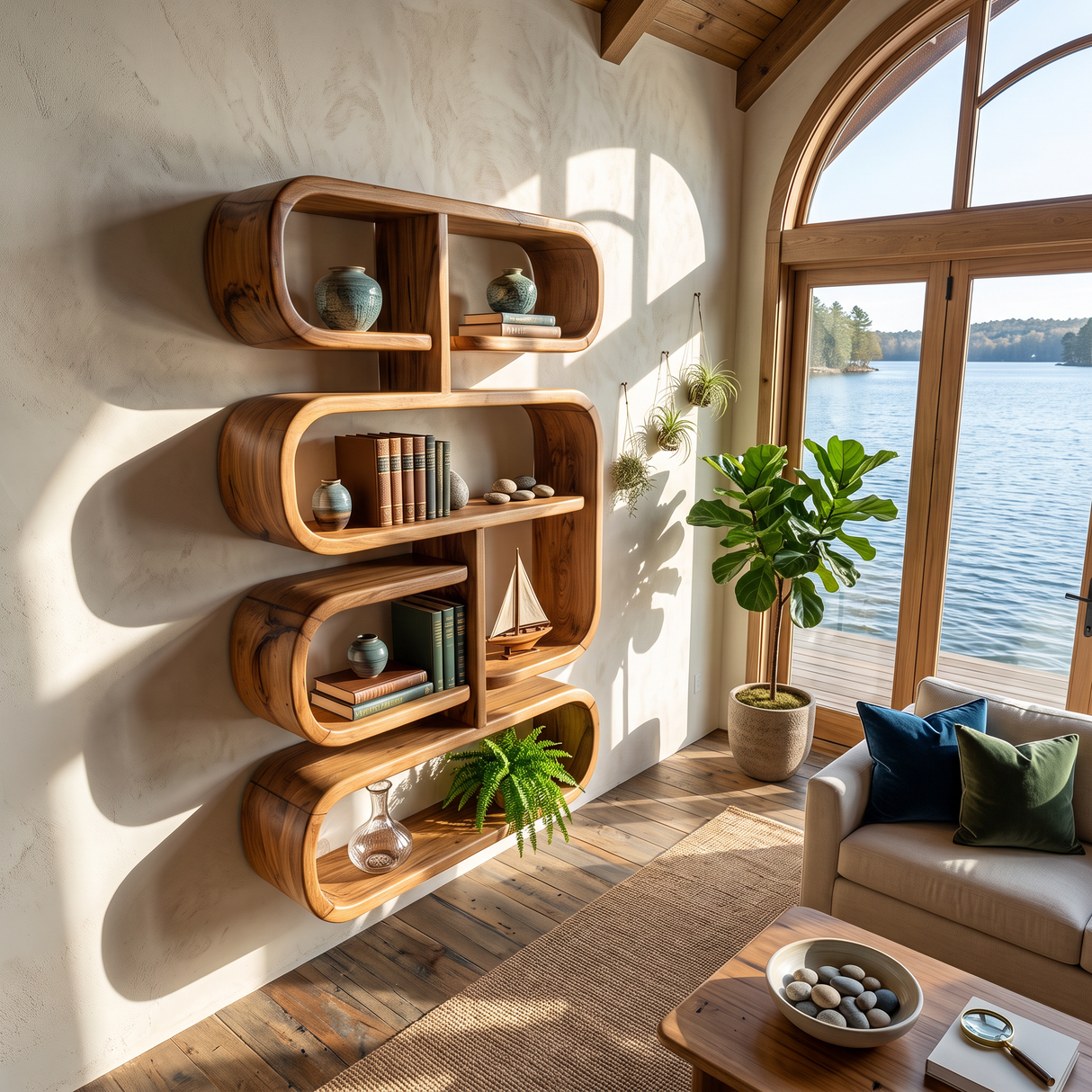 Mid Century Live Edge Display Shelf For Living Room Storage