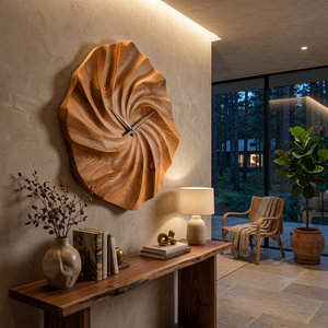 Artistic Wooden Wall Clock With Hand Carved Wave For Statement Bedroom
