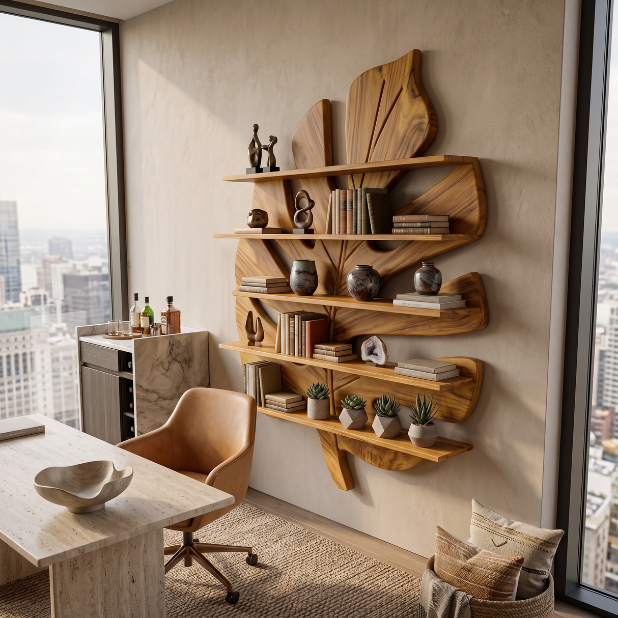 Contemporary Wooden Leaf Bookshelf For Living Room Design
