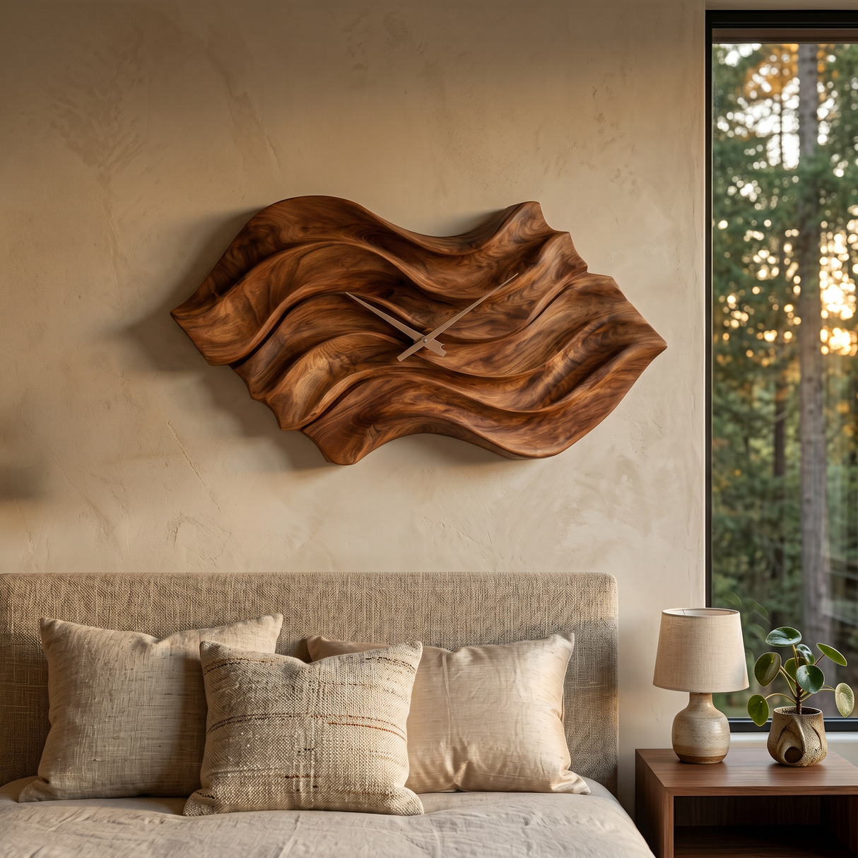 Modern Wooden Wall Clock With Organic Wavy Form For Bedroom