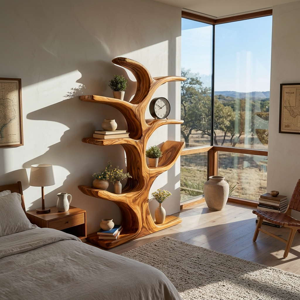Contemporary Wood Bookshelf Sculptural Curved Design For Living Room