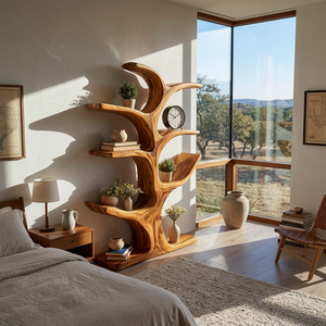 Contemporary Wood Bookshelf Sculptural Curved Design For Living Room