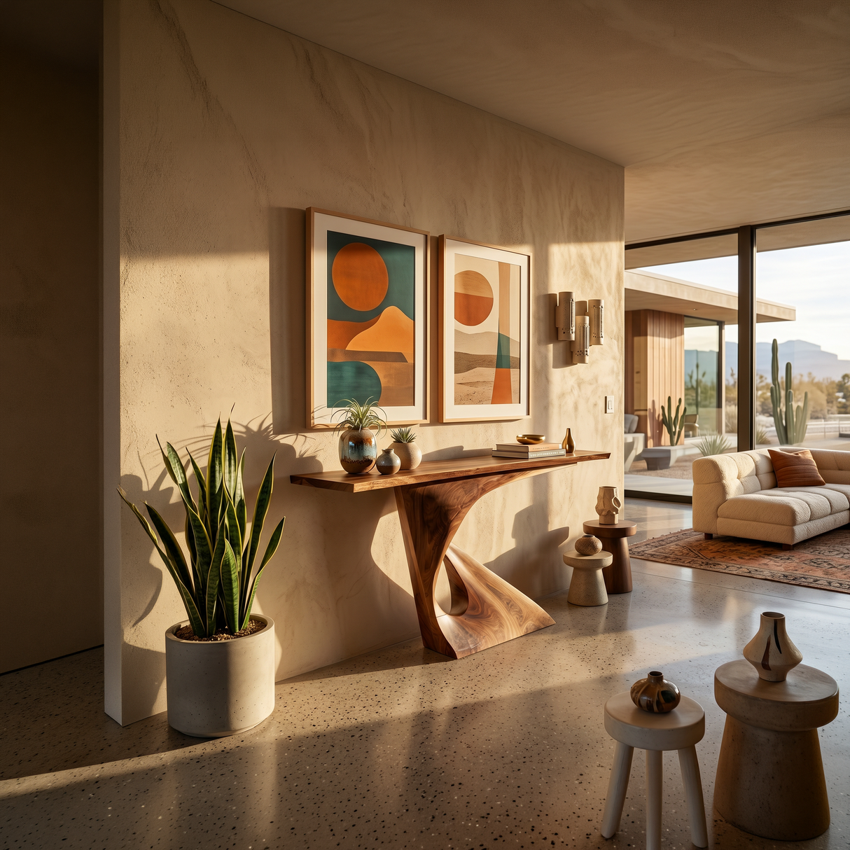 Mid Century Raw Edge Entry Table For Luxury Suite Interior