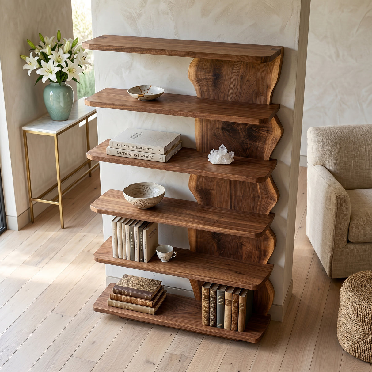 Scandinavian Natural Wood Standing Shelf For Corner Space