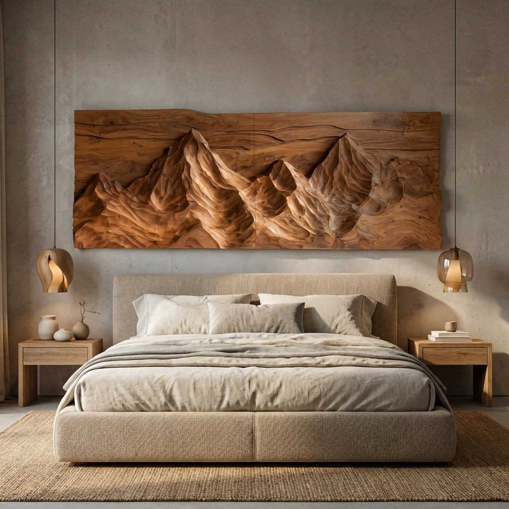 Contemporary Sculptural Wood Wall Art Mountain Design For Living Room