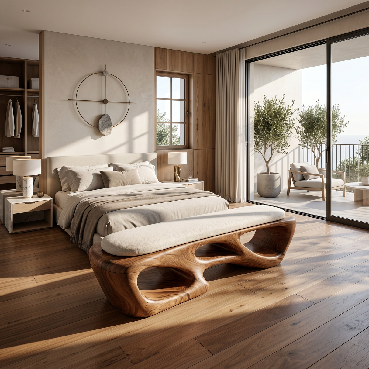 Curved Solid Wood Bench Luxury Living Room