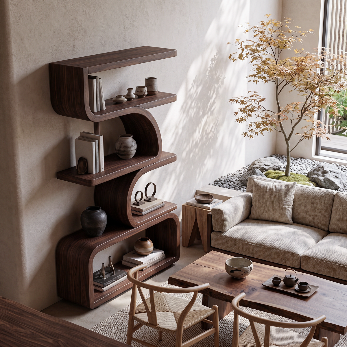 Organic Curved Wooden Bookshelf For Home Decor