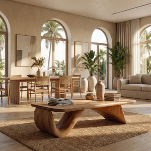Organic Wood Coffee Table With Sculpted Curved Base For Living
