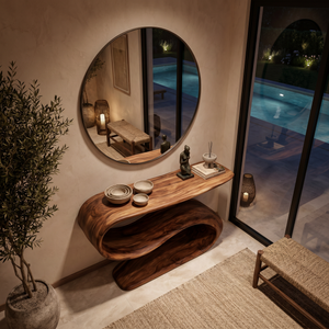 Organic Wooden Console Table With Sculptural Undulating Base For Living