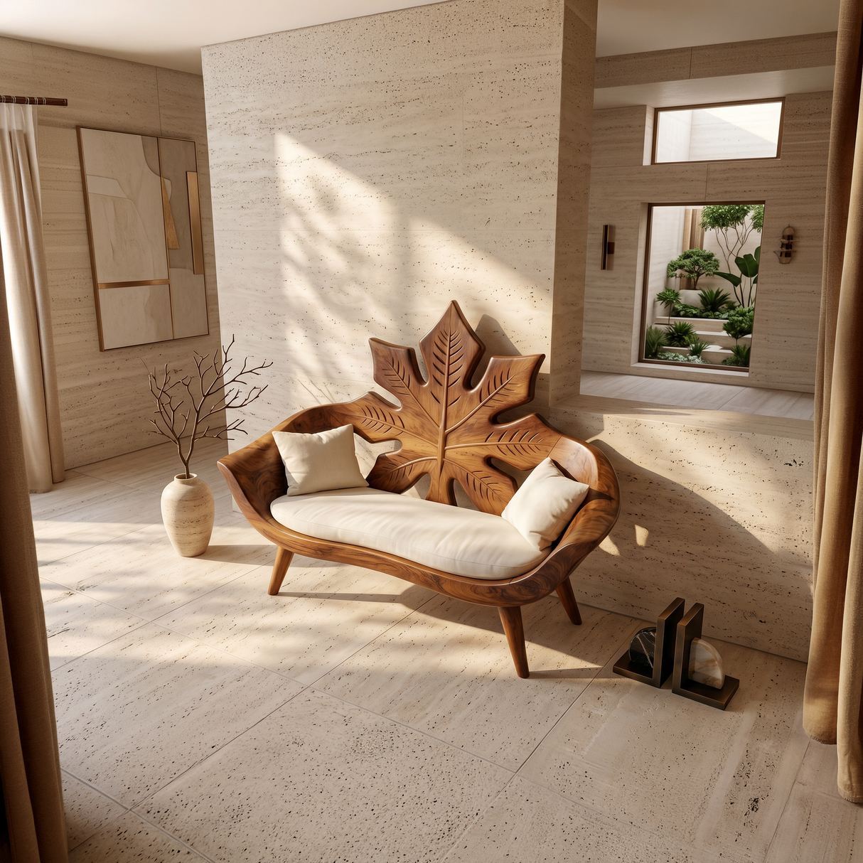 Modern Maple Leaf Carved Bench For Patio Interior Area