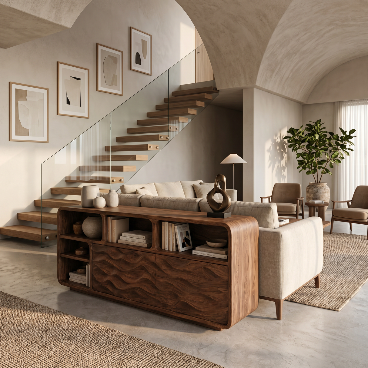Handcrafted Wooden Console Table With Open Display Shelves For Entryway