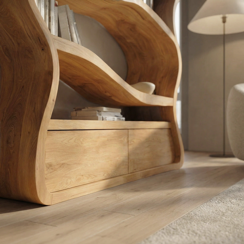 Modern Curved Wooden Bookshelf For Living Room