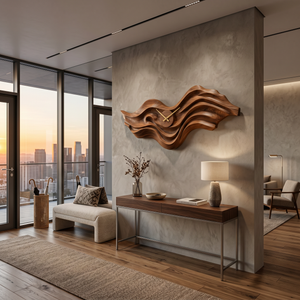 Organic Wood Wall Clock With Wave Sculpture For Living Interior