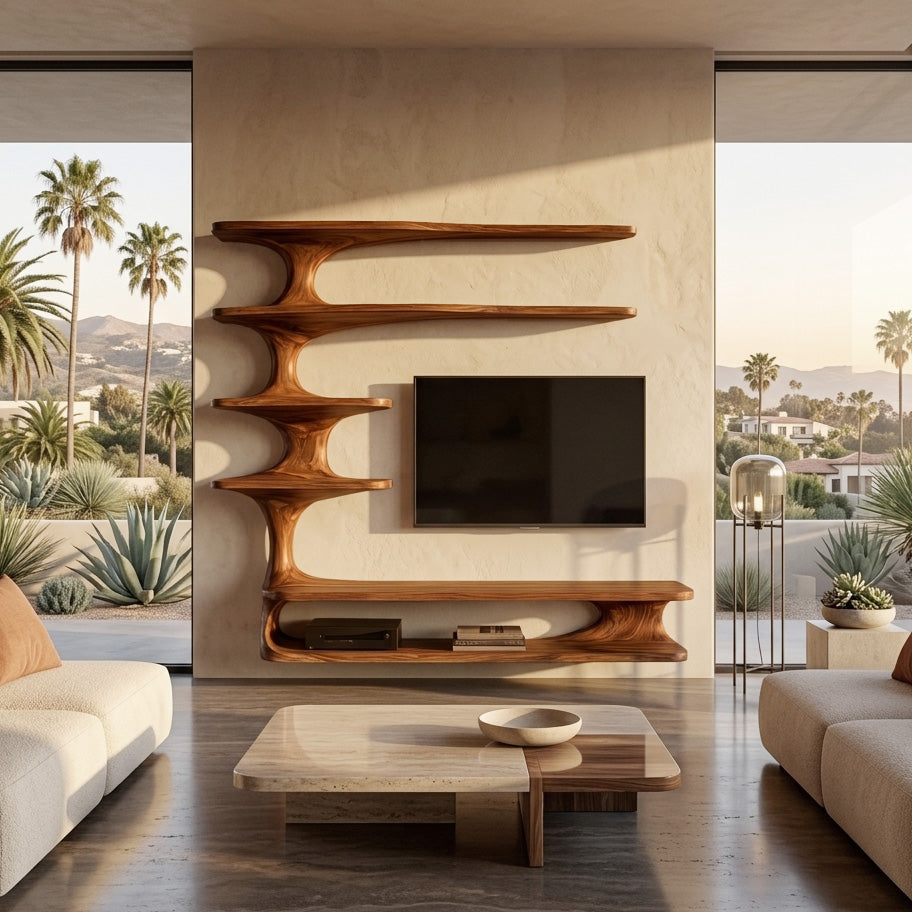 Modern Natural Wood TV Console With Shelving For Living