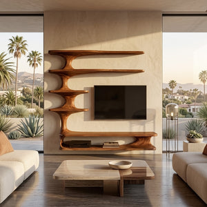 Modern Natural Wood TV Console With Shelving For Living