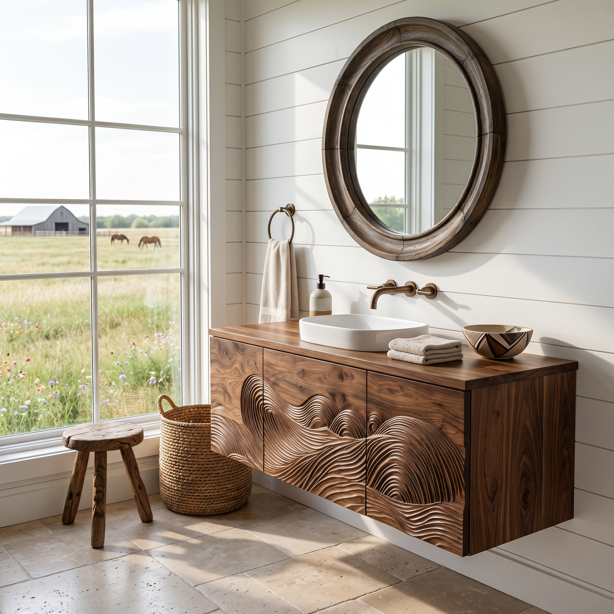 Sculptural Bathroom Vanity Wave Texture Wood Cabinet For Luxury Bathroom