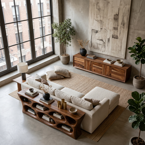 Handcrafted Wooden Console Table With Rounded Open Shelves For Entryway