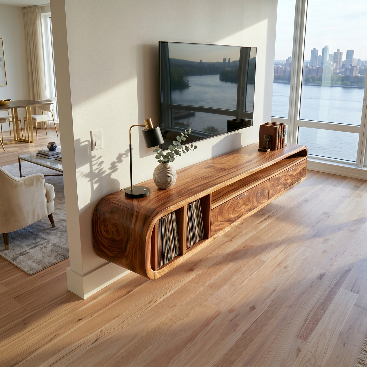 Floating Walnut TV Cabinet Vinyl Record Storage