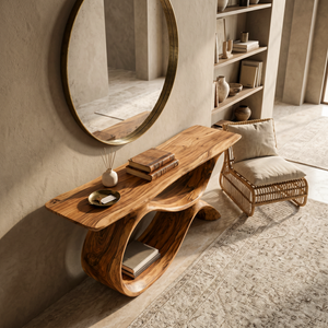 Modern Wooden Console Table With Curved Open Storage For Home