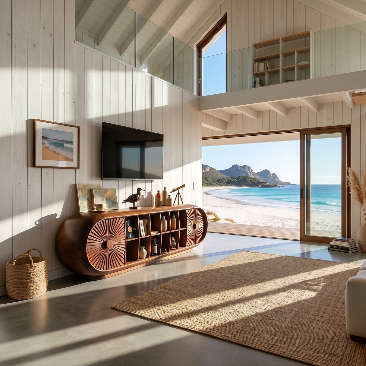 Scandinavian Organic TV Cabinet For Coastal Interior Space