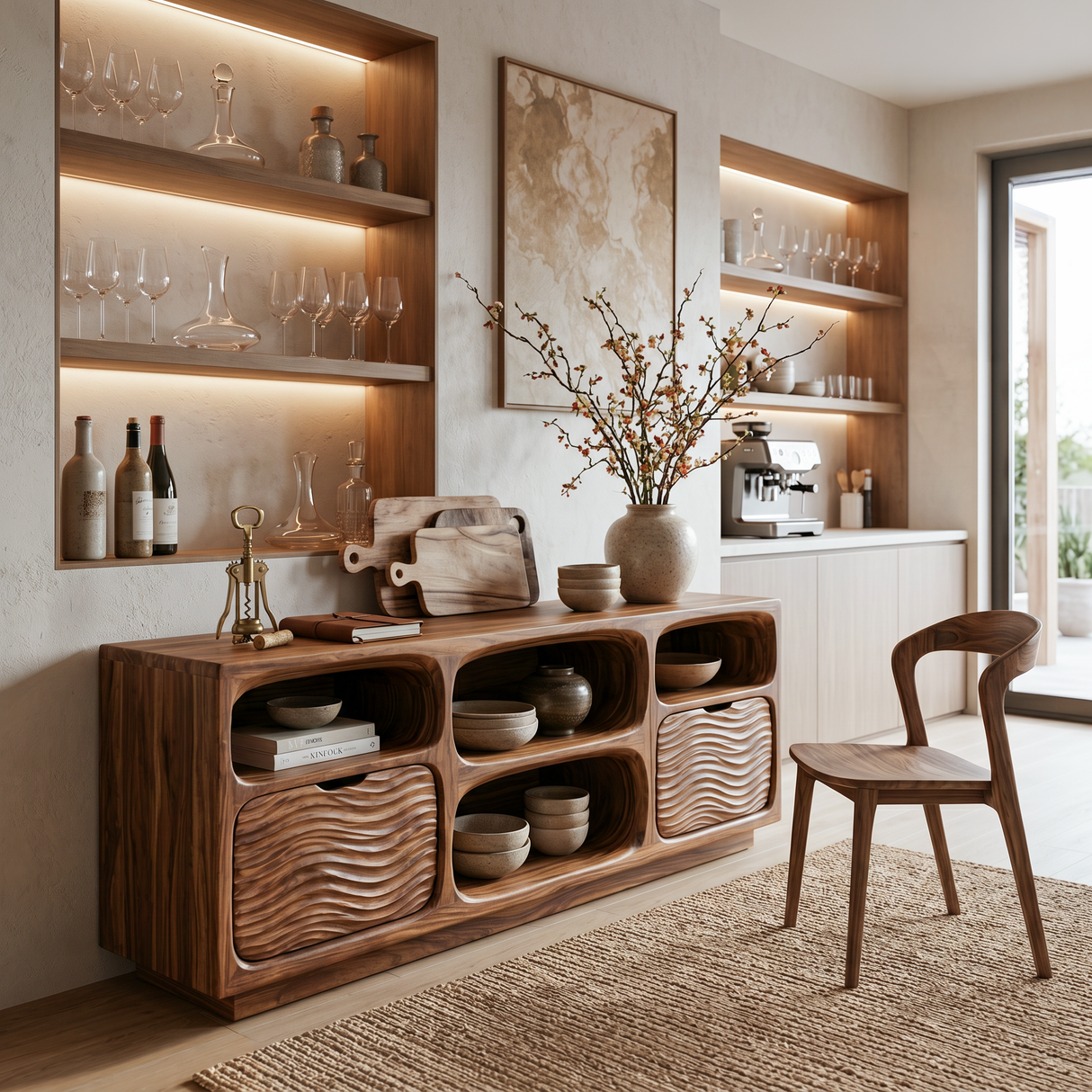 Sculptural Wooden Console Table With Shelves For Modern Living Room